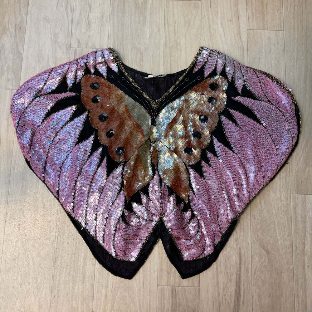 Vintage 70s Swee Lo Silk Sequin Butterfly Batwing Top Size S/M Fairycore